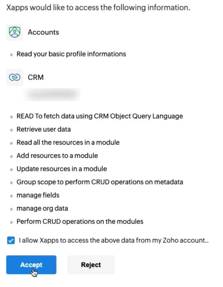 Zoho QuickBooks Extension for Zoho CRM - Integration Guide 4 zoho-crm-oauth-permissions-quickbooks-integration