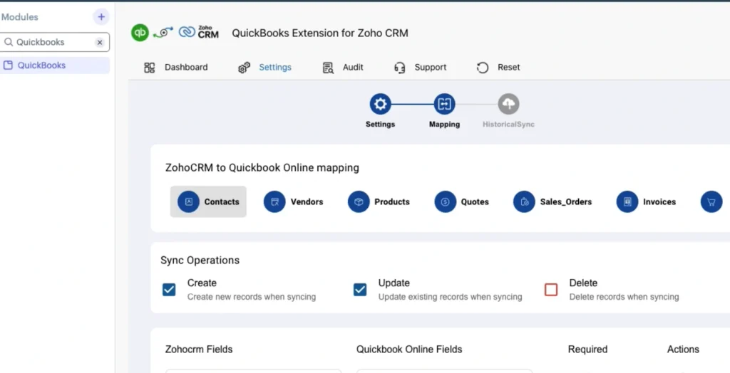 Zoho QuickBooks Extension for Zoho CRM - Integration Guide 12 zoho-crm-quickbooks-field-mapping-settings