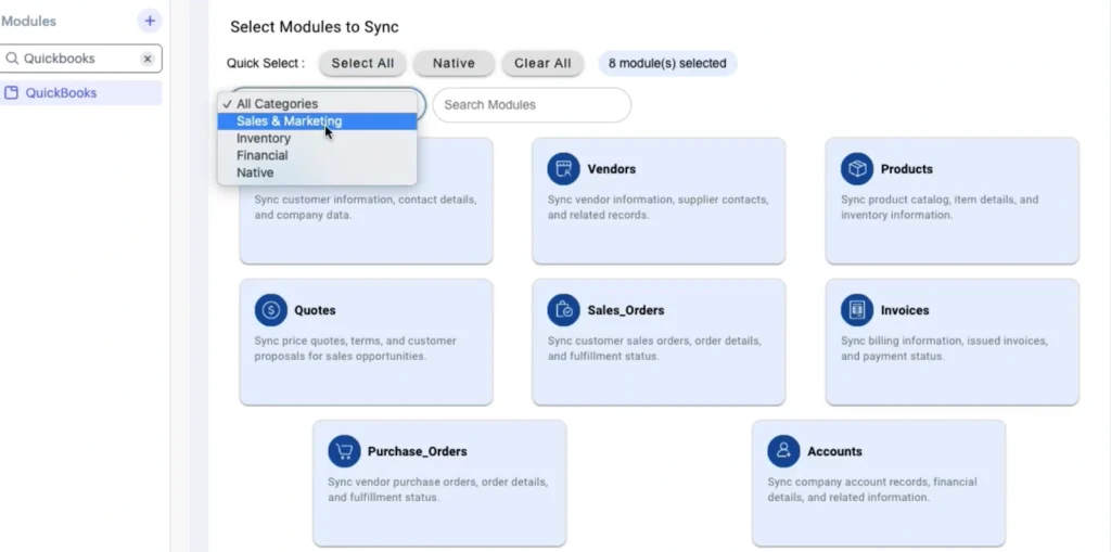Zoho QuickBooks Extension for Zoho CRM - Integration Guide 9 zoho-crm-quickbooks-filter-modules-by-category