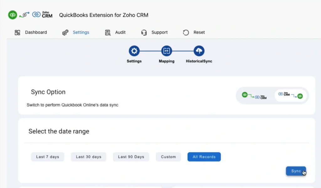 Zoho QuickBooks Extension for Zoho CRM - Integration Guide 14 zoho-crm-quickbooks-historical-sync-date-range